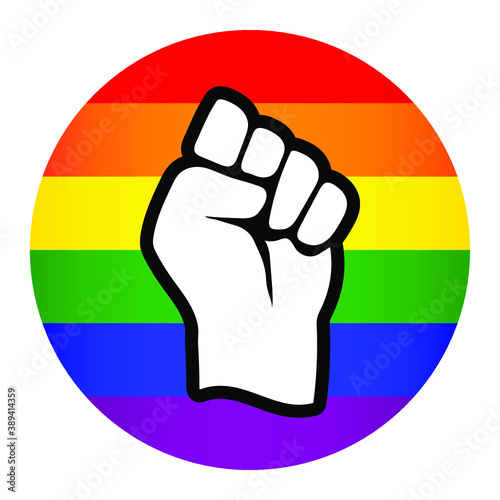 Vector LGBT+ rainbow flag circle with power raised up fist symbol - for gay, lesbian, bisexual, transgender, asexual, intersexual and queer relationship, love or sexuality rights. Isolated on white.