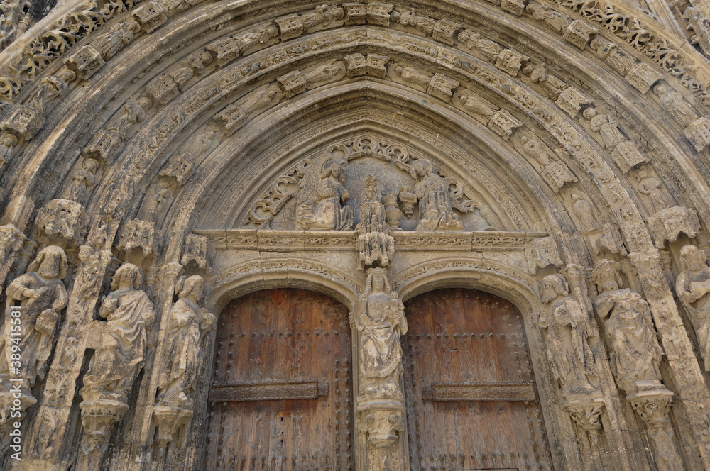 entrance of the gothic and baroque church of Santa Maria in Requena, Valencia province, Spain