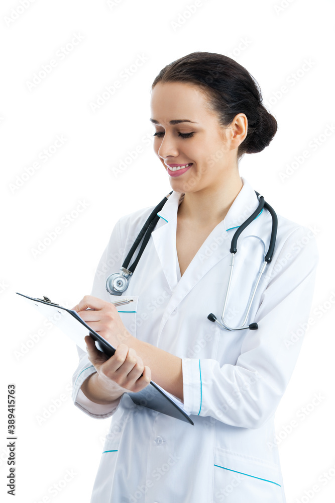 Doctor writing on clipboard, on white Doctor writing on clipboard, on white