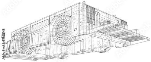 Tow truck. Wire-frame. Towing vehicle Vector Illustration transport in airport. The layers of visible and invisible lines are separated. EPS10 format.
