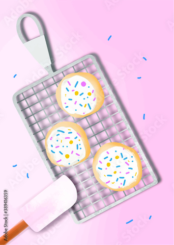 holiday cookies with sprinkles on a lattice with a pink background