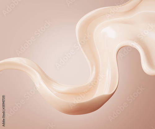 Fotografia 3D beige display with liquid foundation splash swirl on studio background