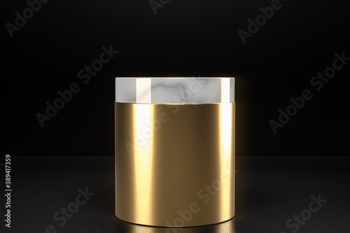 Minimal white marble cylinder circle pedestal podium. Round gold display stage platform on black background. Luxury simple clean design. 3d rendering.