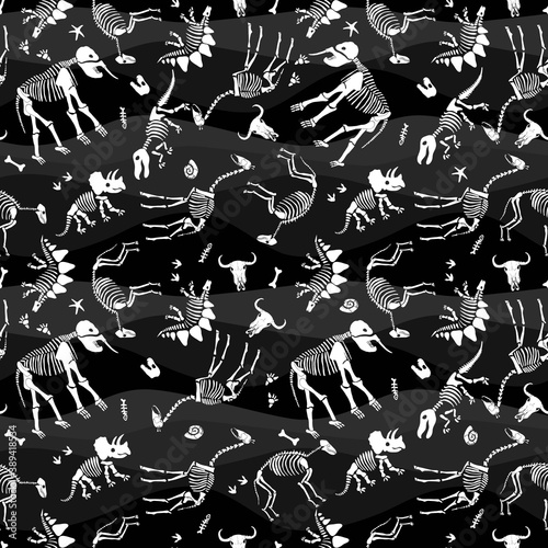 Dinosaur and animal bones on a dark background. Print for fabric.