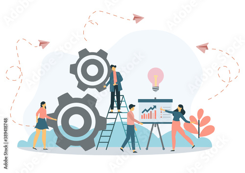 Flat Banner Inscription Team Building Cartoon. Men Spin Gear in General Mechanism. People Look at Work Others. Corporate Culture is Embedded in Management Company. Vector Illustration.