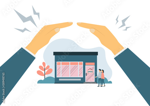 Small business support protection vector illustration. Cartoon flat human hands holding business building, protecting owners investors of local shop from rain, supporting insurance investment concept