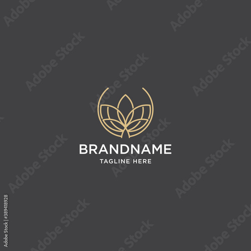 Golden lotus line art logo. Flat leaf logo design premium