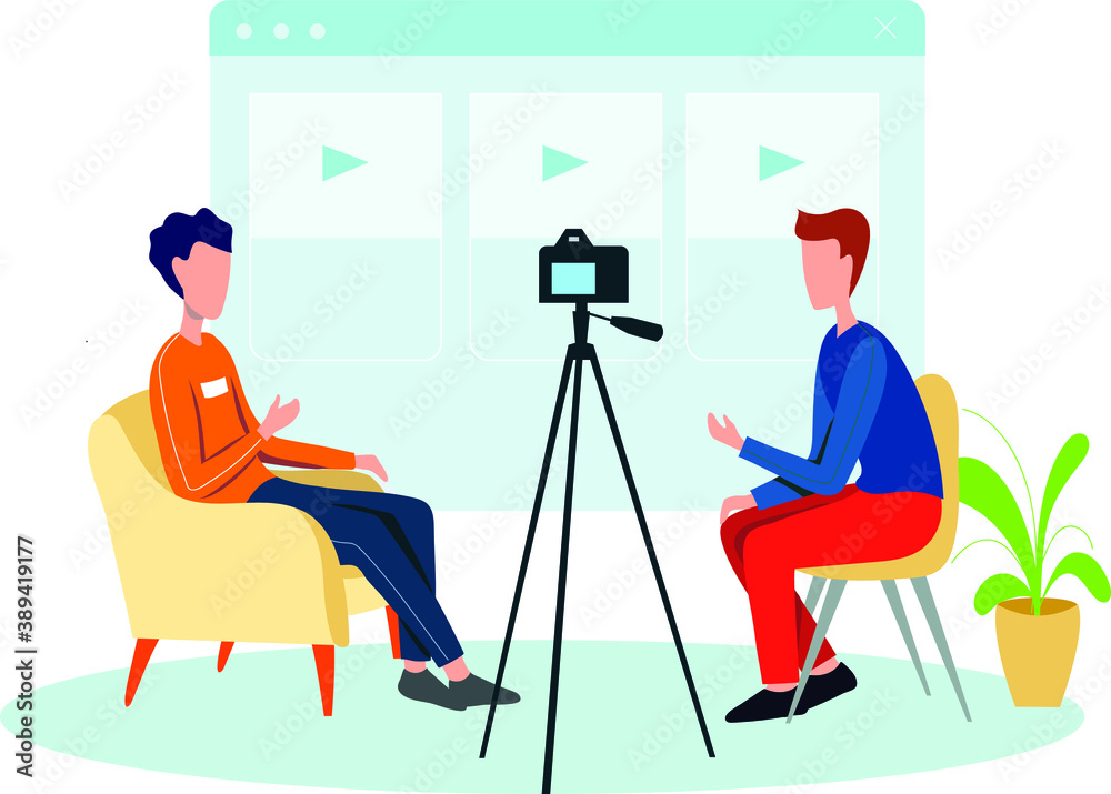 Flat design illustration with people vlogger, recording new video.