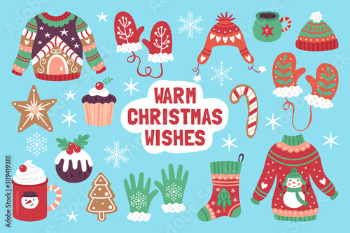Christmas holiday cute elements set with sweater, cookies and hot chocolate cup. Childish print for cards, stickers, decor and apparel. Vector illustration