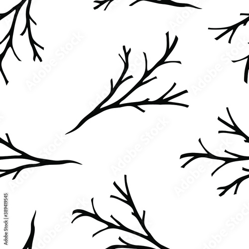 Black branches on a white background. Hand drawn illustration. Vector seamless pattern. Design for fabric, card, print, wrapping. 