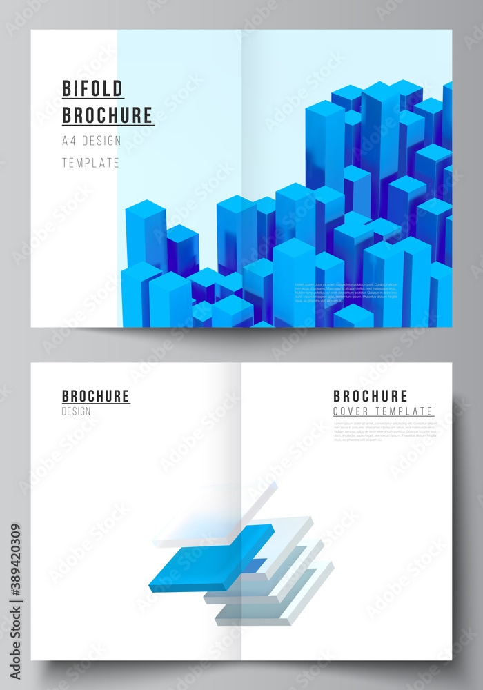 Vector layout of two A4 cover mockups templates for bifold brochure, flyer, magazine, cover design, book design. 3d render vector composition with dynamic realistic geometric blue shapes in motion. Vector layout of two A4 cover mockups templates for bifold brochure, flyer, magazine, cover design, book design. 3d render vector composition with dynamic realistic geometric blue shapes in motion.
