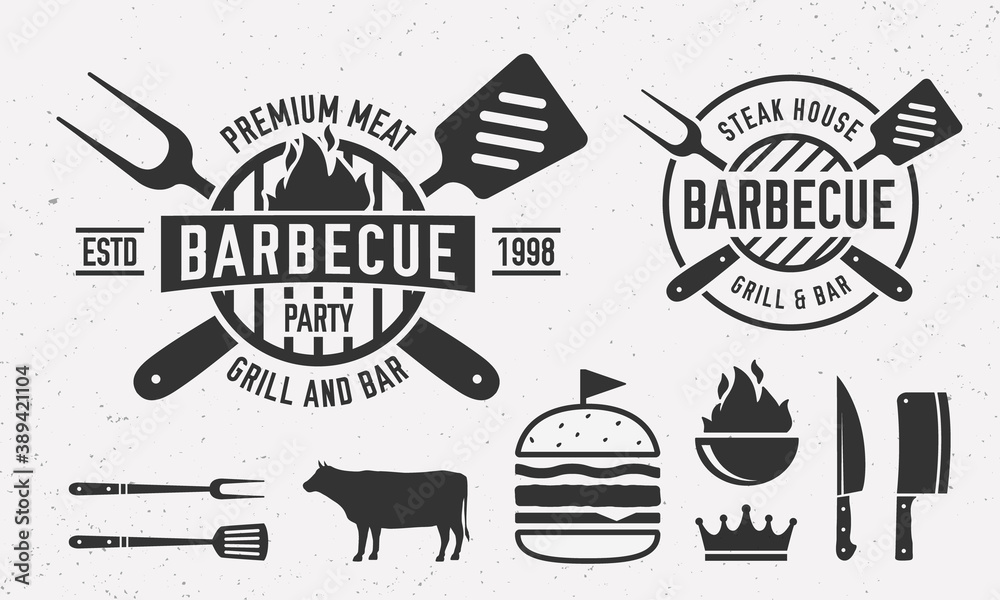 Vintage Barbecue logo with bbq utensils. Steak House logo template with grill fork, spatula, burger, beef. Emblem set for Restaurant business. Butchery, Barbecue, Steak House.  Vector illustration