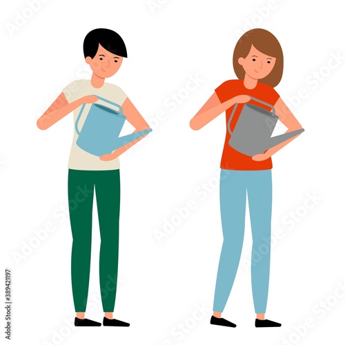 The guy and the girl are holding a watering can. Young people are watering