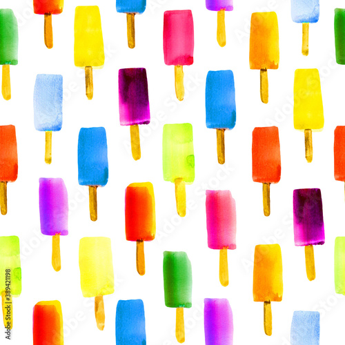 Seamless watercolor pattern with ice cream on stick. Colorful illustration of frozen juice. White background. Sweet Popsicle.