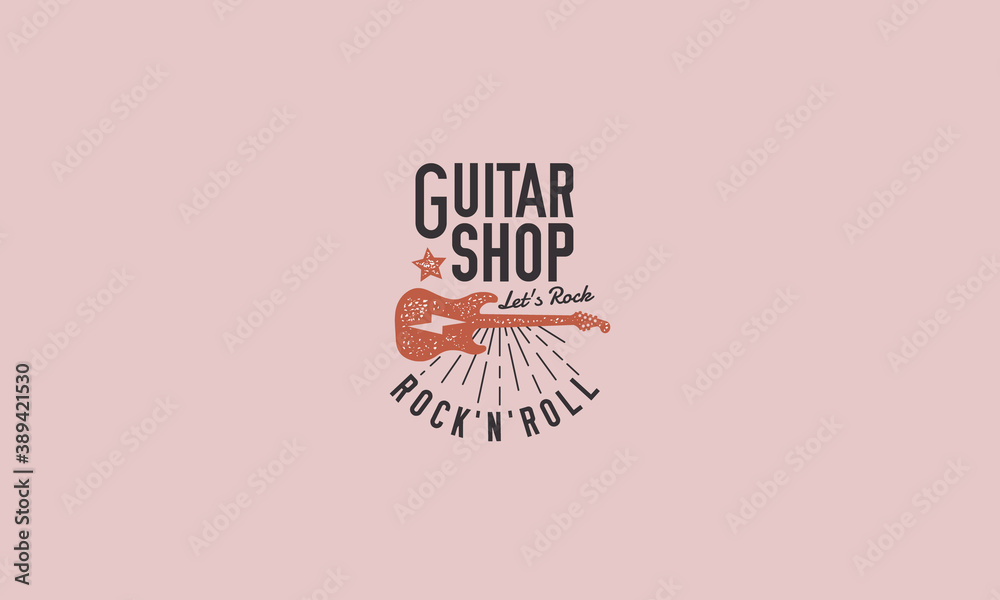 Obraz premium Guitar shop - textured logo, emblem. Trendy modern rock music logo design. Electric guitar with star, lightning and light rays isolated on a pink background. Print for t-shirt. Vector illustration