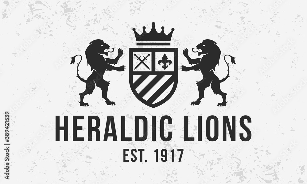 Royal vintage logo. Heraldic crest  template logo with standing lions . Modern design poster. Label, badge, emblem for Coat of Arms, Vintage Crest, Luxury logo. Vector illustration
