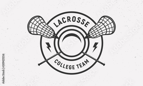 Lacrosse logo vintage template with crosse sticks, ball and thunderbolts. Lacrosse stick and ball isolated on white background.