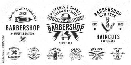 Barbershop vector logo set. Set of 9 retro monochrome emblems. Vintage templates for interior design, t-shirt prints, signboards, posters. Barber hipster labels. Haircut elements. Vector illustration