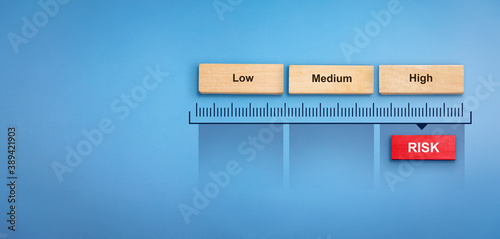 Risk meter concept with text high, medium, low and risk wooden block. High Risk. Risk Management concept.