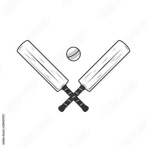 Cricket bat and ball icons isolated on white background. Crossed Cricket bats. Vintage design elements for logo, badges, banners, labels. Vector illustration