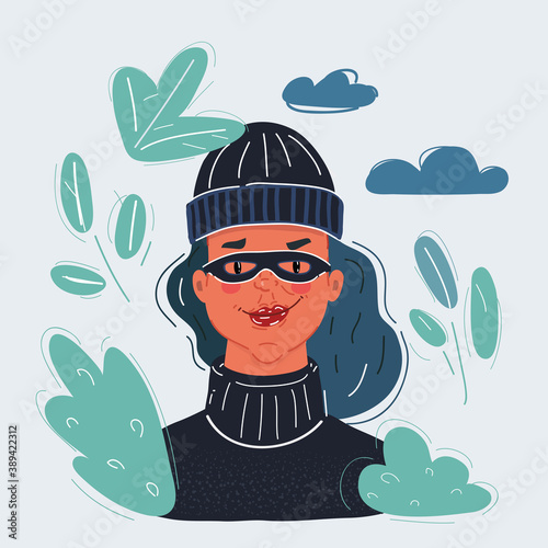 Vector illustration of outlaw woman portrate, wearing balaclava and mask. Angry face expressin of criminal female character. photo