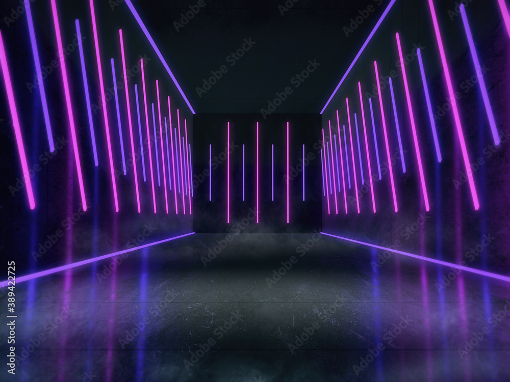 Empty space for products show in dark room with Neon lights. 3d rendering. Empty space for products show in dark room with Neon lights. 3d rendering.