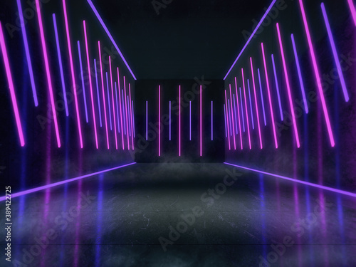 Empty space for products show in dark room with Neon lights. 3d rendering.