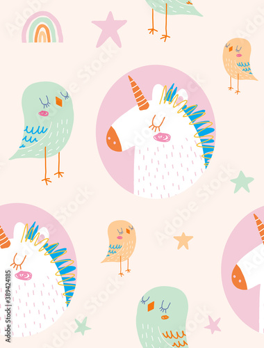 Funny Hand Drawn Seamless Vector Pattern with Cute Little Birds nad White Unicors Isolated on a Light Cream Background. Simple Infantile Style Nursery Art ideal for Card,Fabric. Magic World Print.