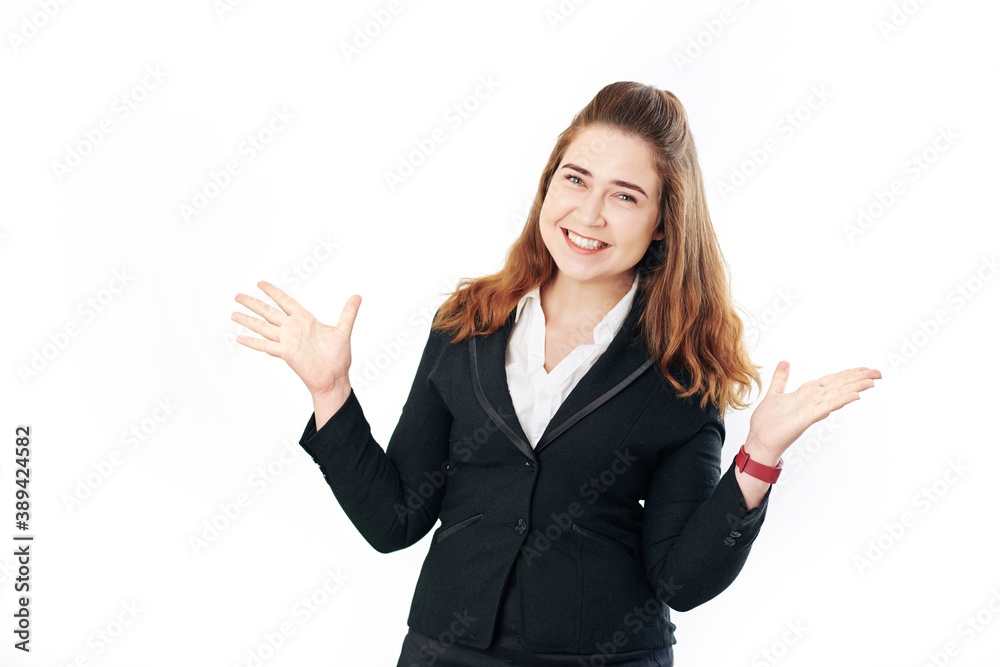 Portrait of happy excited young business lady dancing, isolated on white Portrait of happy excited young business lady dancing, isolated on white
