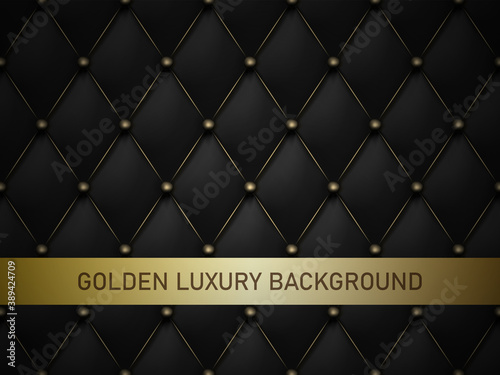 Golden luxury background. Black matte leather texture pattern. Background upholstery rich and luxury sofa. Vector abstract antique illustration. Close-up.