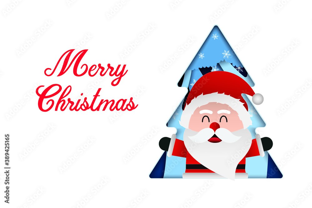 paper cut Christmas card santa Winter scene tree background blue color vector illustration.	