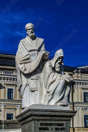 Princess Olga monument. Educators St. Cyril and St. Methodius. Monument is placed on Mikhailovska square across Archangel Michael Gold-domed cathedral. Kyiv (Kiev), Ukraine, Europe.