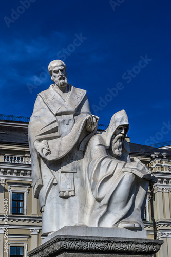 Princess Olga monument. Educators St. Cyril and St. Methodius. Monument is placed on Mikhailovska square across Archangel Michael Gold-domed cathedral. Kyiv (Kiev), Ukraine, Europe.