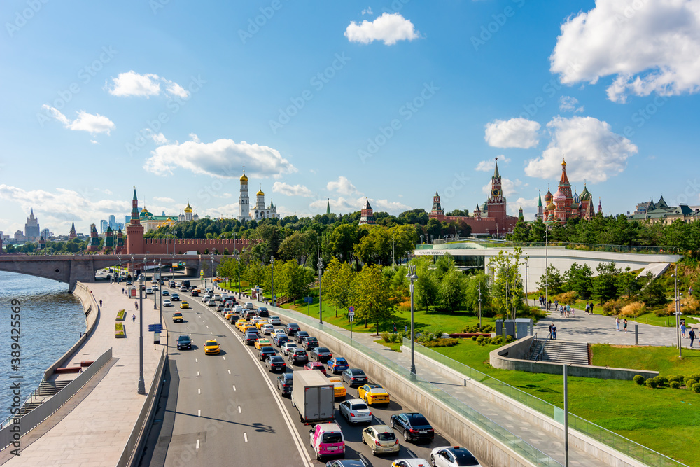 Fototapeta premium Moscow, Russia - August 2020: Kremlevskaya embankment with towers of Moscow Kremlin