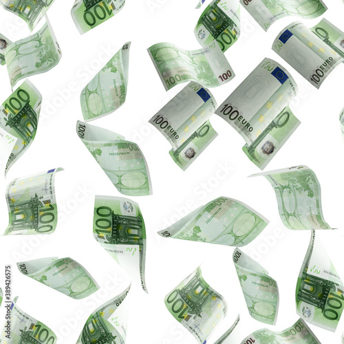 Counting euro banknote falling isolated. Money cash seamless pattern texture on white background.