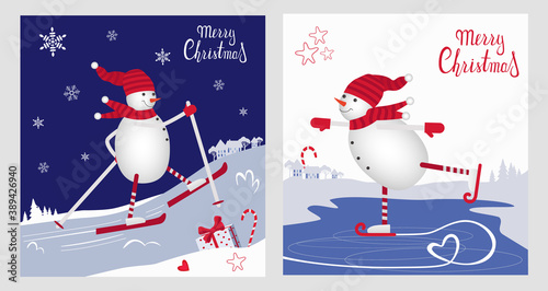 Cute Christmas and new year card with snowmen on skates and skis
