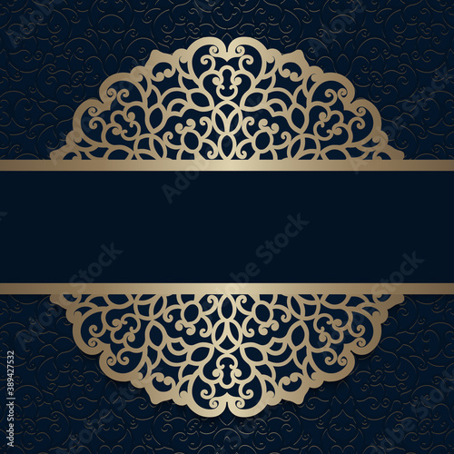 Vintage gold frame with lace border pattern on ornamental background. Elegant decoration for wedding invitation or greeting card design. Template for laser cutting. Place for text.