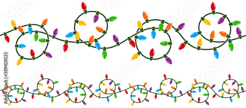 Vector illustration of a string of curly, looping colorful Christmas lights. String can be joined seamlessly end to end to make a longer, endless string.