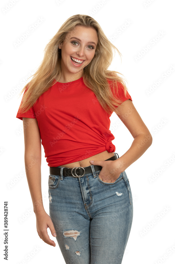 Portrait of a cute teenage girl in red tshirt over white Portrait of a cute teenage girl in red tshirt over white