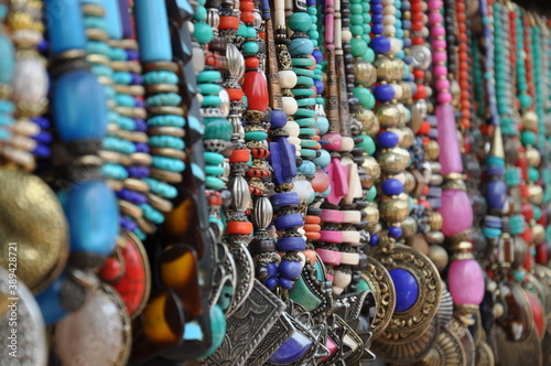 Jewellery  necklaces  accessories and ornaments at a street side shop in a bazaar