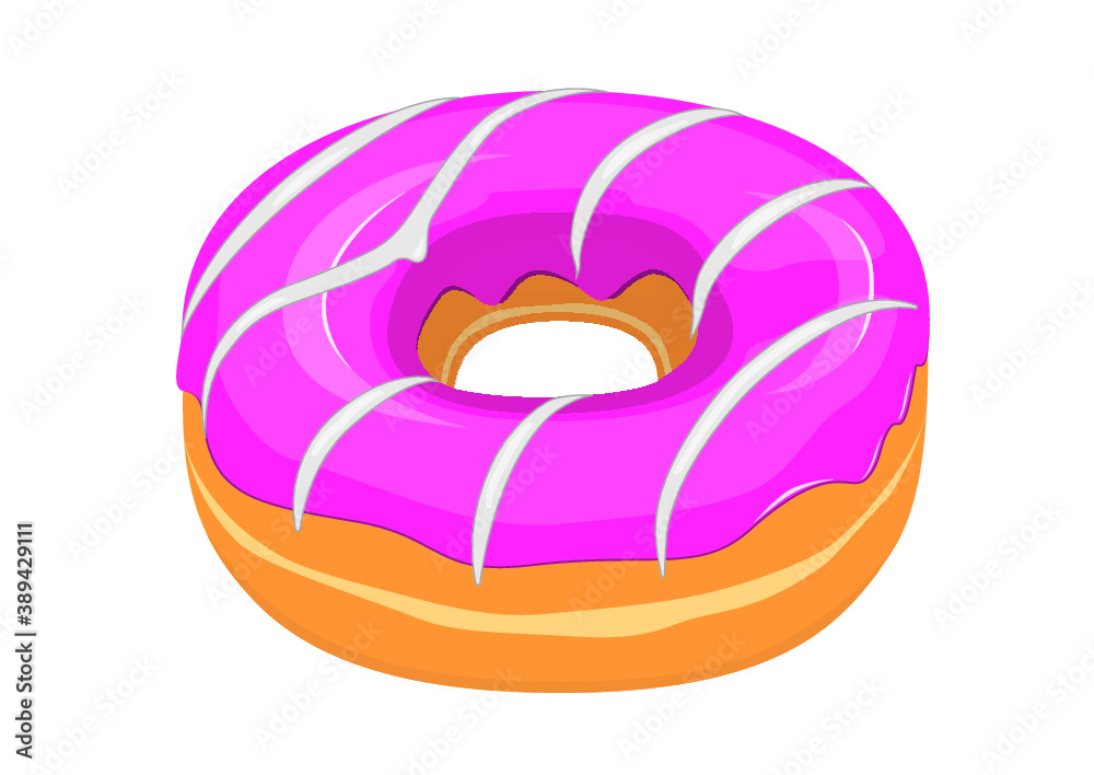 Pink glazed donut with white striped icing icon in cartoon style on a white background Pink glazed donut with white striped icing icon in cartoon style on a white background