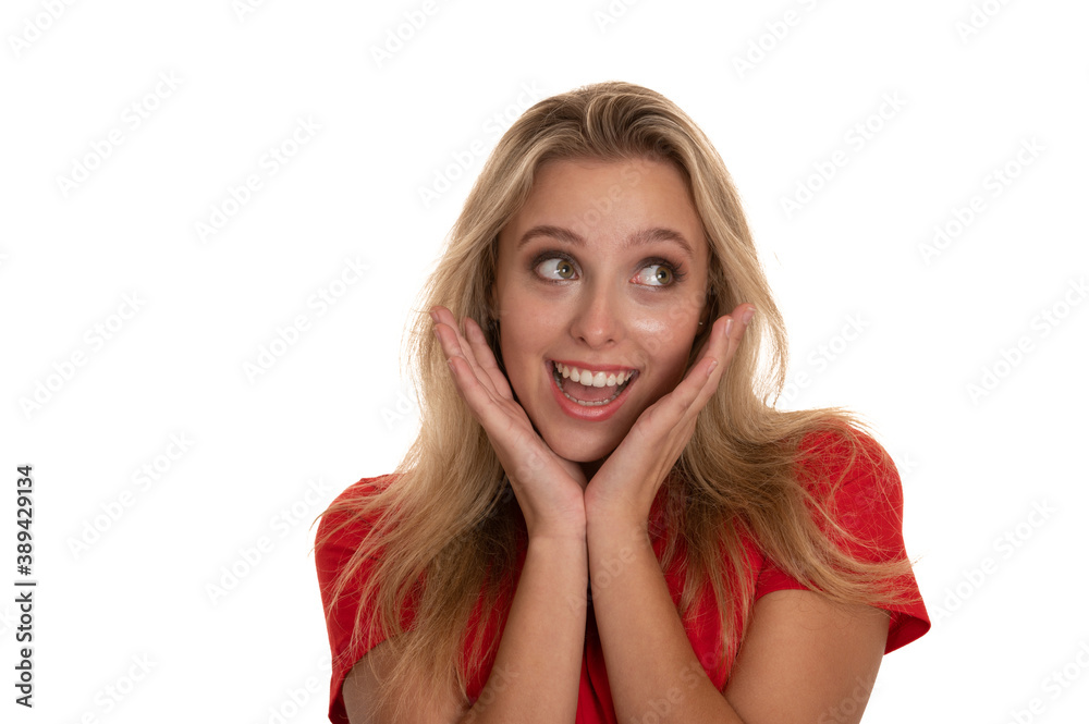 Excited young woma screams isolated over whitew background