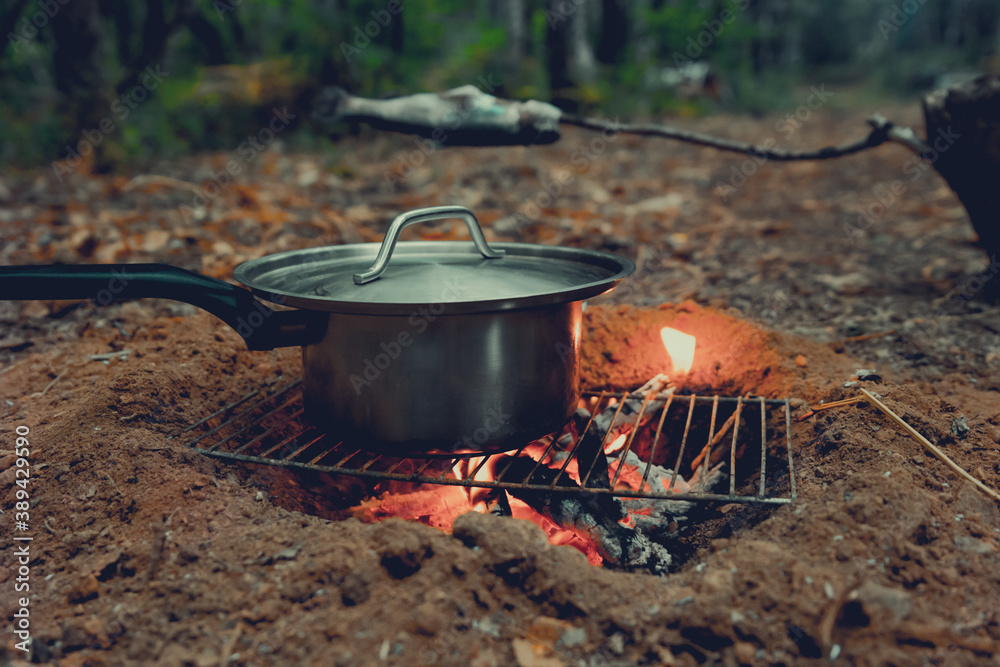 Trout and soup cooked over a wood fire in the forest Trout and soup cooked over a wood fire in the forest