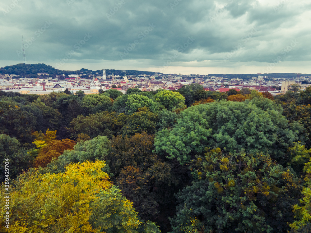 aerial view of autumn european city overcast stormy weather