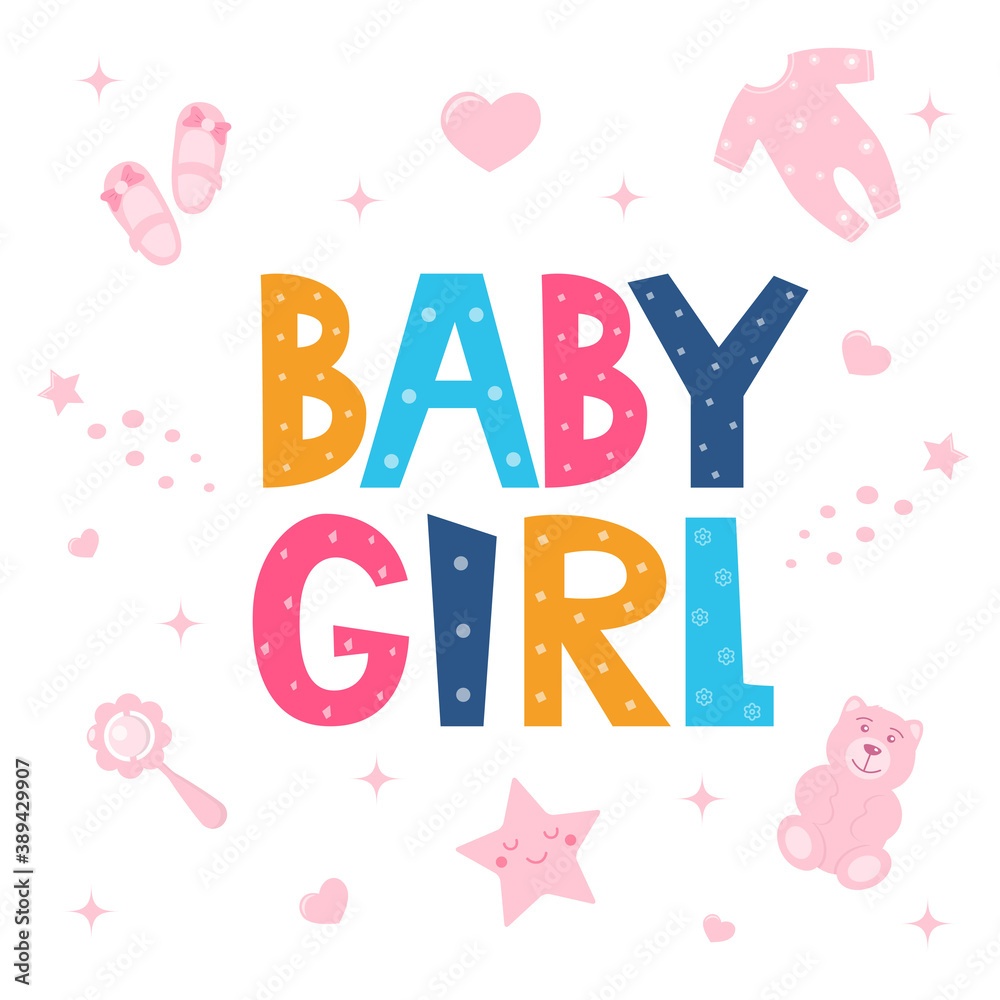 Baby shower card for girls. It's a girl card. Vector invitation with lettering Baby Girl and cute baby things. Print, clothes, card, children's room decor. Kids print for girl. Vector illustration.