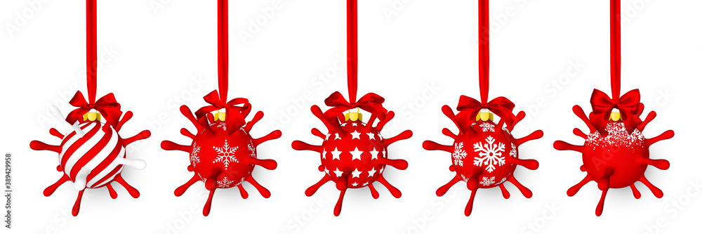 Red shiny glowing Christmas ball like as virus unit with red bow. Xmas glass ball. Holiday decoration template. Vector illustration - obrazy, fototapety, plakaty 
