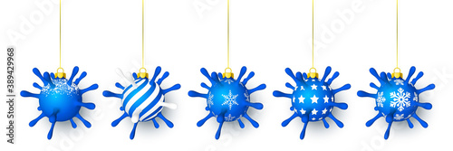 Blue shiny glowing Christmas ball like as virus unit with red bow. Xmas glass ball. Holiday decoration template. Vector illustration