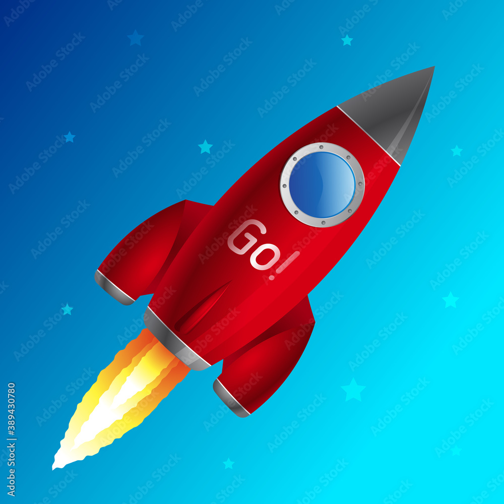 Red rocket with the inscription Let's go, against the background of the starry sky. concept of a business product on the market, space exploration. Vector, illustration