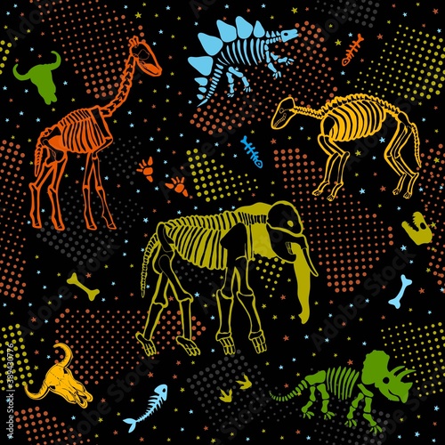 Bones and contours of various prehistoric animals. Seamless pattern with skeletons. Print for fabric.