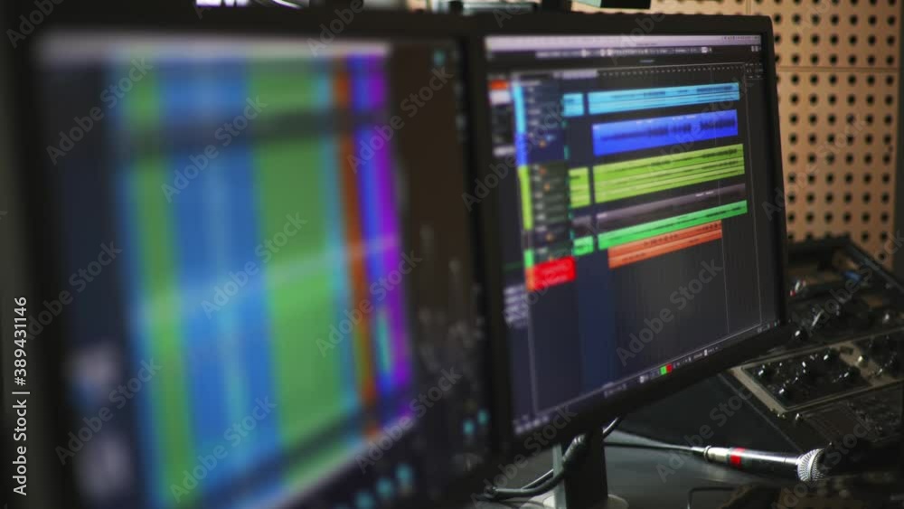 Dual monitor setup at an audio recording studio with a daw with mutliple audio channels and a digital mixer. Shot in 4K. Racking Focus.